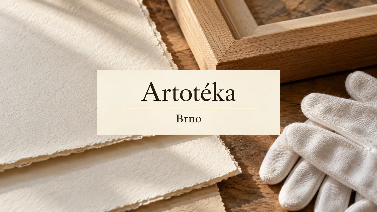 Roh prázdného dřevěného rámu a bavlněné rukavice, titulek Artotéka – Brno
