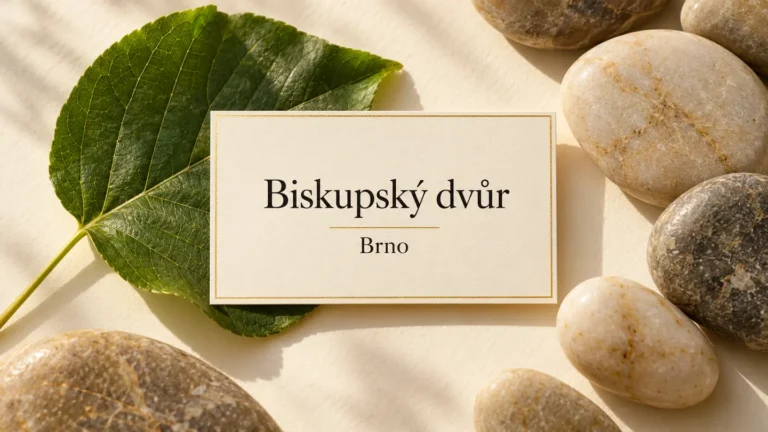 Zelený list a říční oblázky na neutrálním podkladu, titulek Biskupský dvůr – Brno