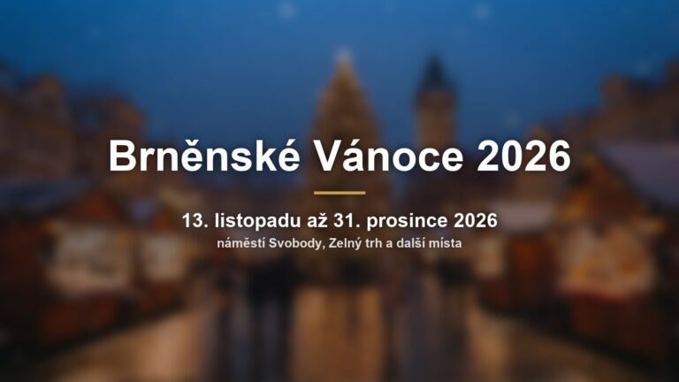 Rozmazaný vánoční trh s nápisem Brněnské Vánoce 2026 a termínem