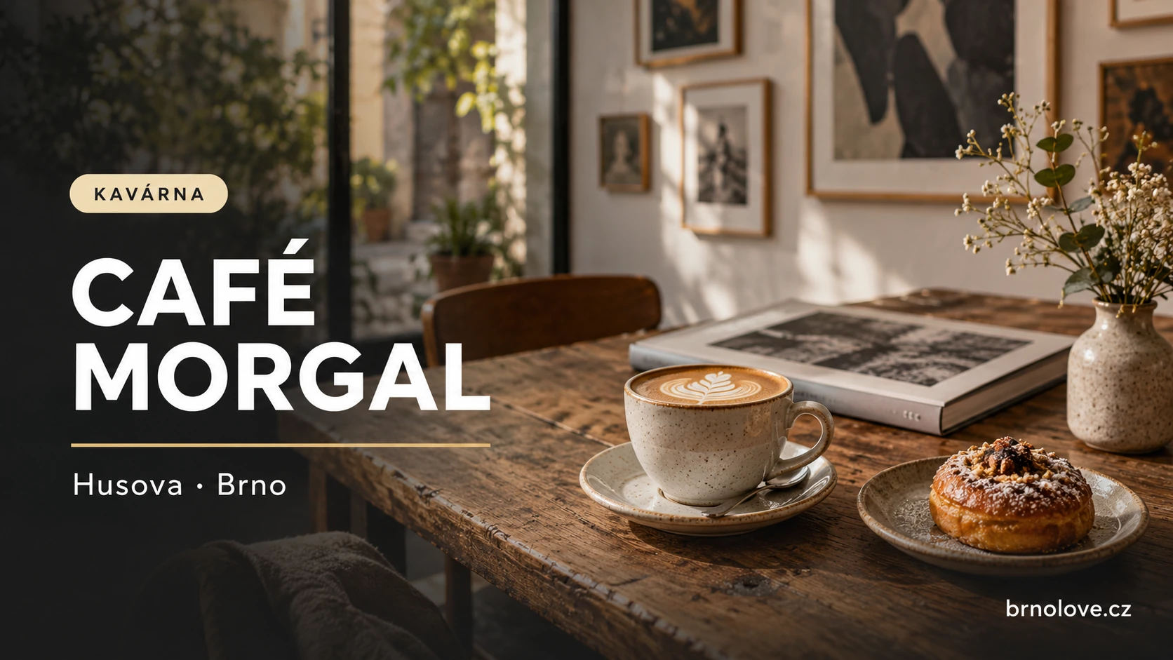 Ilustrační káva s dezertem a knihou o umění – Café Morgal, Brno
