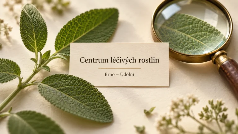 Zelená větvička a botanická lupa na čistém papíru, titulek Centrum léčivých rostlin – Brno-Údolní
