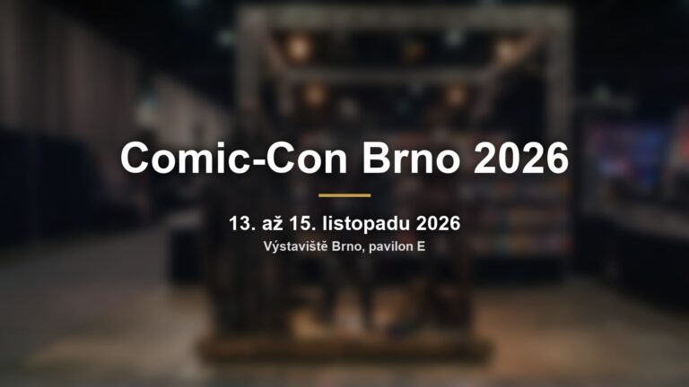 Rozmazaná výstavní hala s kostýmy a nápisem Comic-Con Brno 2026