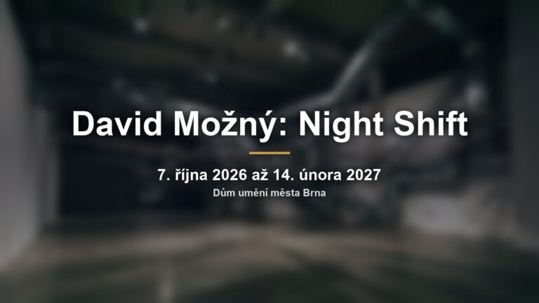 Rozmazaná průmyslová instalace v galerii s nápisem David Možný: Night Shift