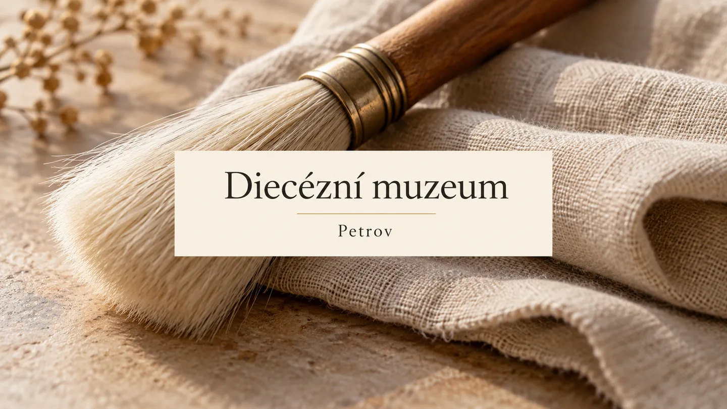 Jemný restaurátorský štětec na neutrálním plátně, titulek Diecézní muzeum – Petrov