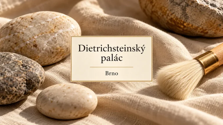 Neutrální zátiší oblázků a archivního štětce, titulek Dietrichsteinský palác – Brno
