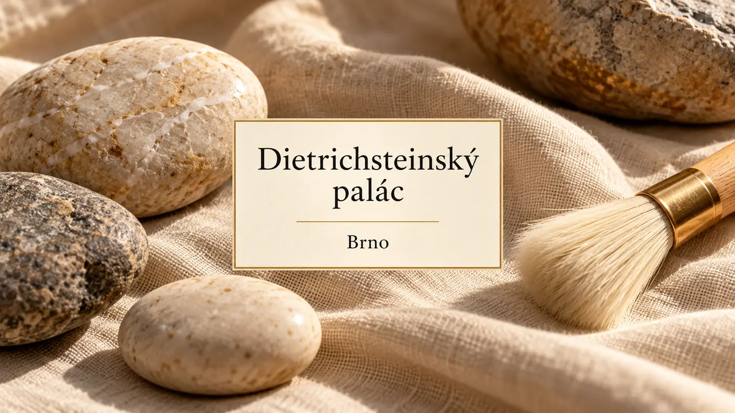 Neutrální zátiší oblázků a archivního štětce, titulek Dietrichsteinský palác – Brno