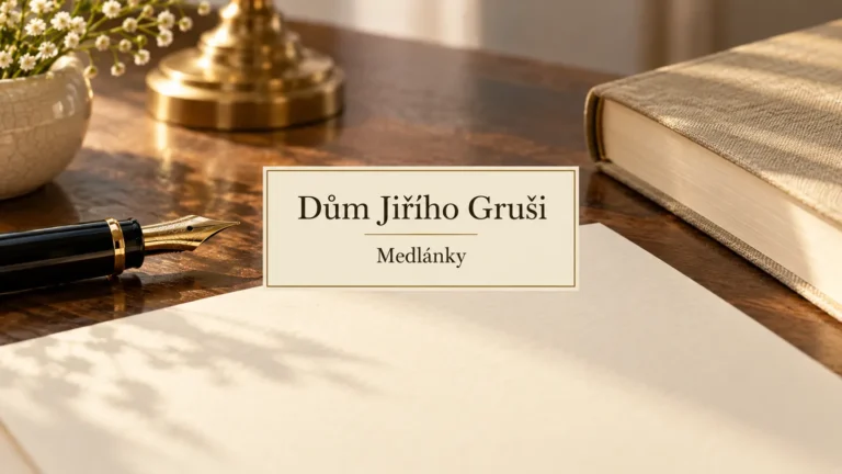 Plnicí pero a čistý papír na neutrálním podkladu, titulek Dům Jiřího Gruši – Medlánky