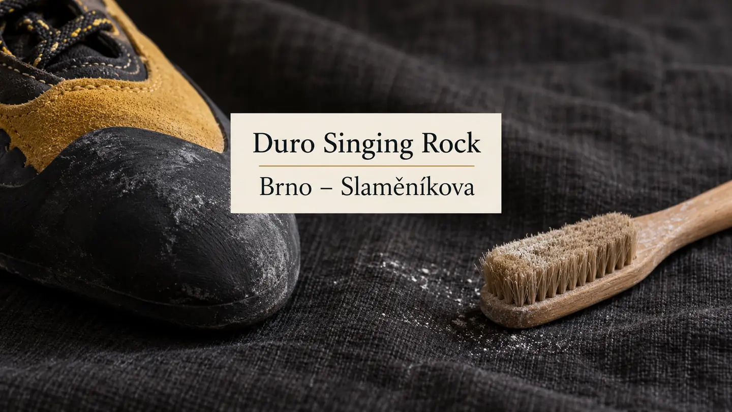 Špička lezecké boty a kartáček na tmavé látce, titulek Duro Singing Rock – Brno-Slaměníkova