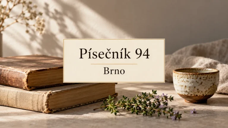 Použité knihy bez nápisů, hrnek a bylinková větvička, titulek Písečník 94 – Brno