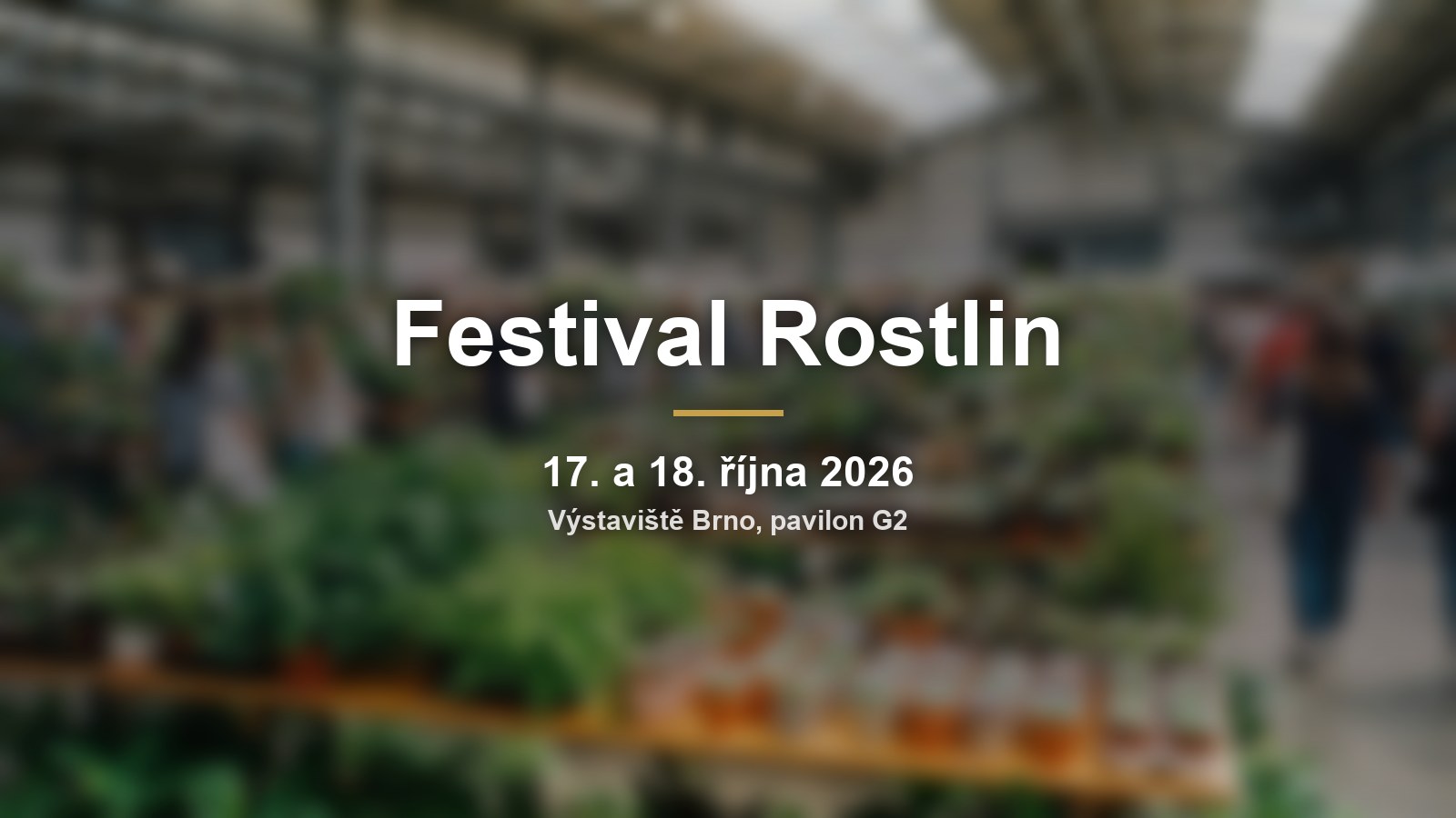 Rozmazaný trh pokojových rostlin s nápisem Festival Rostlin a termínem