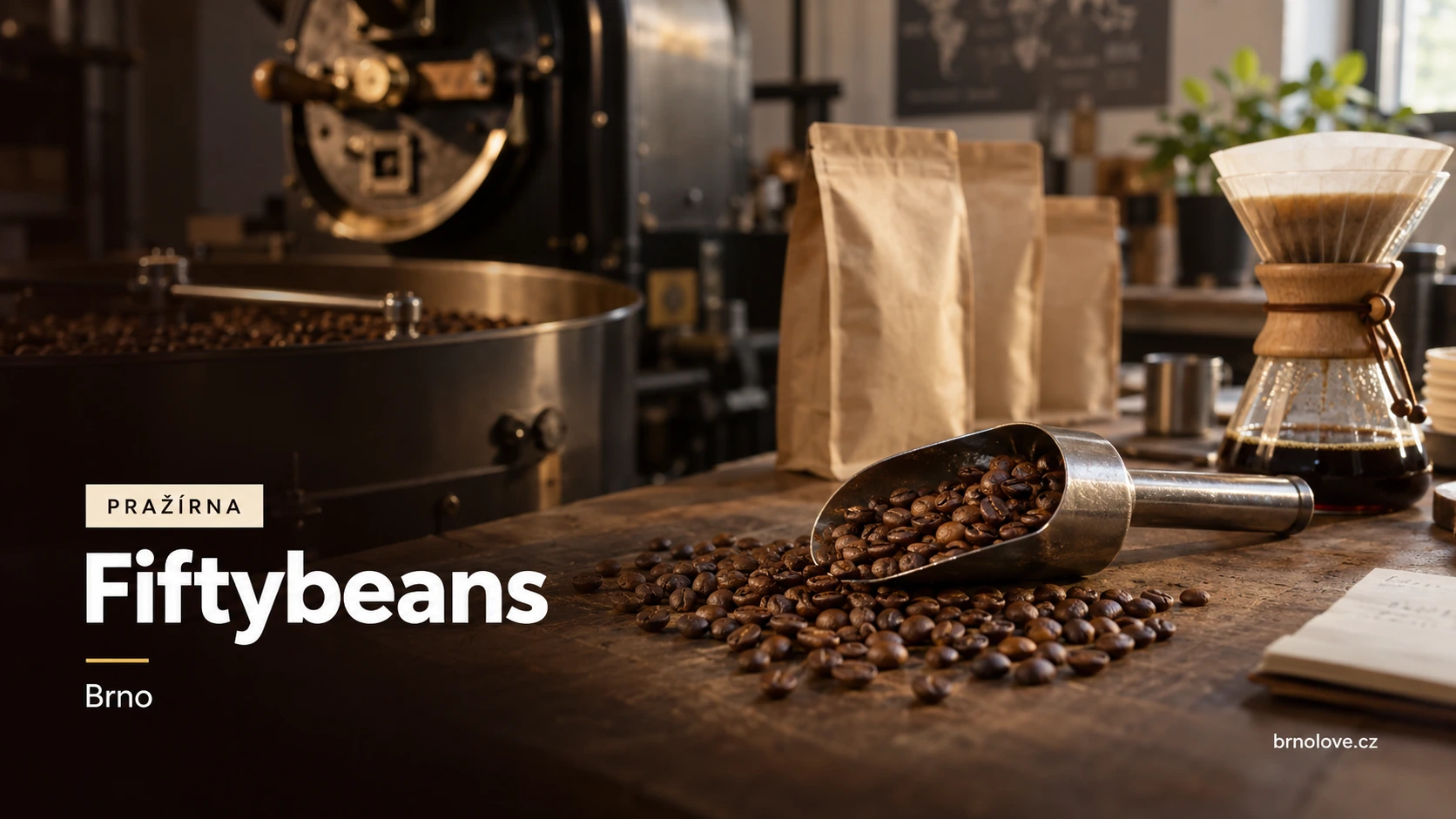 Ilustrační scéna s praženou kávou a vybavením pražírny – Fiftybeans, Brno