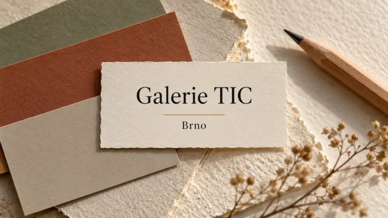 Barevné papírové vzorky a tužka v neutrálním zátiší, titulek Galerie TIC – Brno