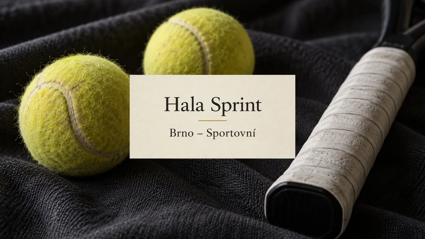 Dva tenisové míče a rukojeť rakety na tmavém plátně, titulek Hala Sprint – Brno-Sportovní