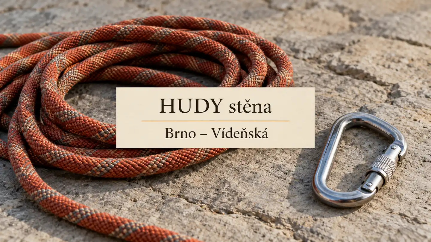 Volně položené lano a karabina na neutrálním podkladu, titulek HUDY stěna – Brno-Vídeňská