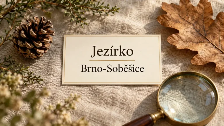 Šiška, dubový list a lupa na plátně, titulek Jezírko – Brno-Soběšice