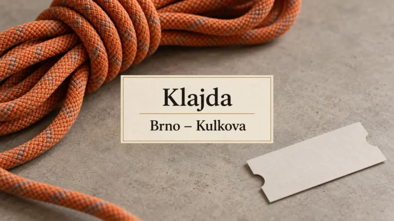 Oranžové lezecké lano a prázdná vstupenka na stole, titulek Klajda – Brno-Kulkova