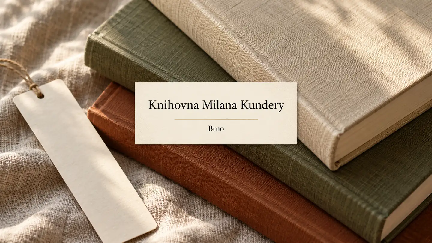 Knihy bez názvů a čistá záložka na plátně, titulek Knihovna Milana Kundery – Brno