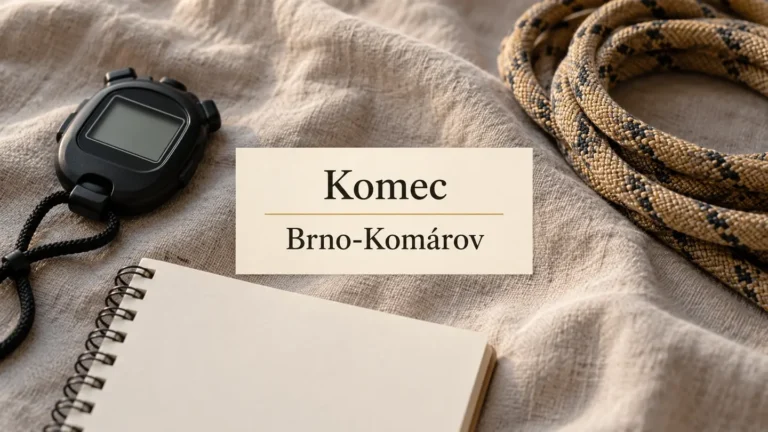 Sportovní stopky, zápisník a volně položené lano, titulek Komec – Brno-Komárov