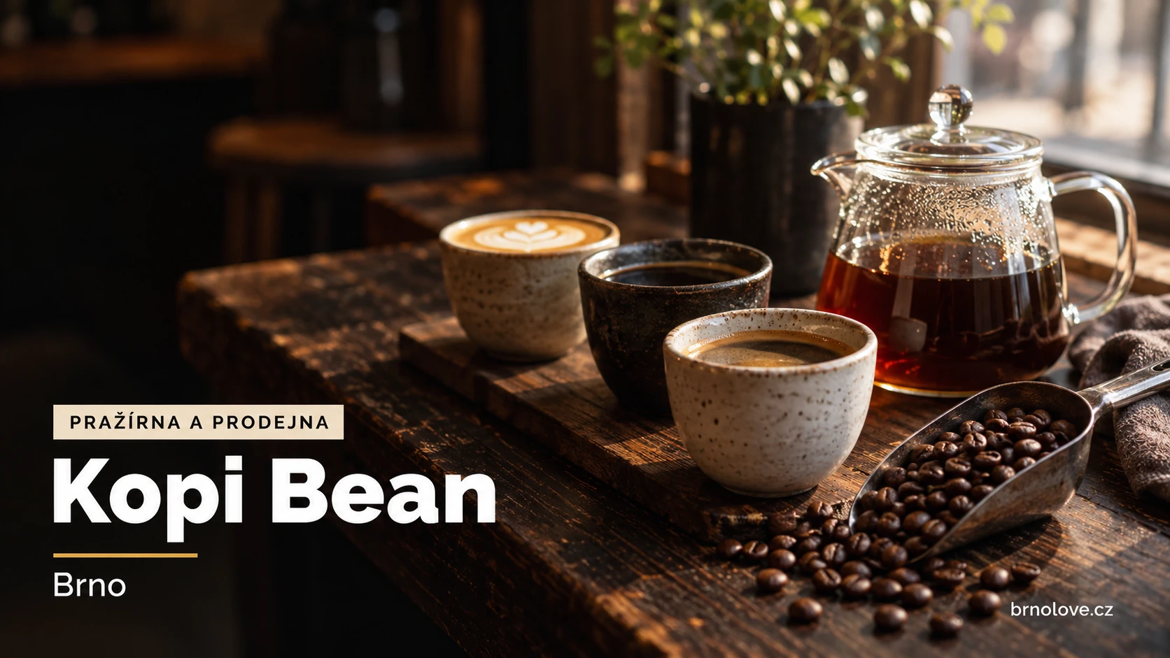 Ilustrační scéna s kávovými šálky, čajem a praženými zrny – Kopi Bean, Brno