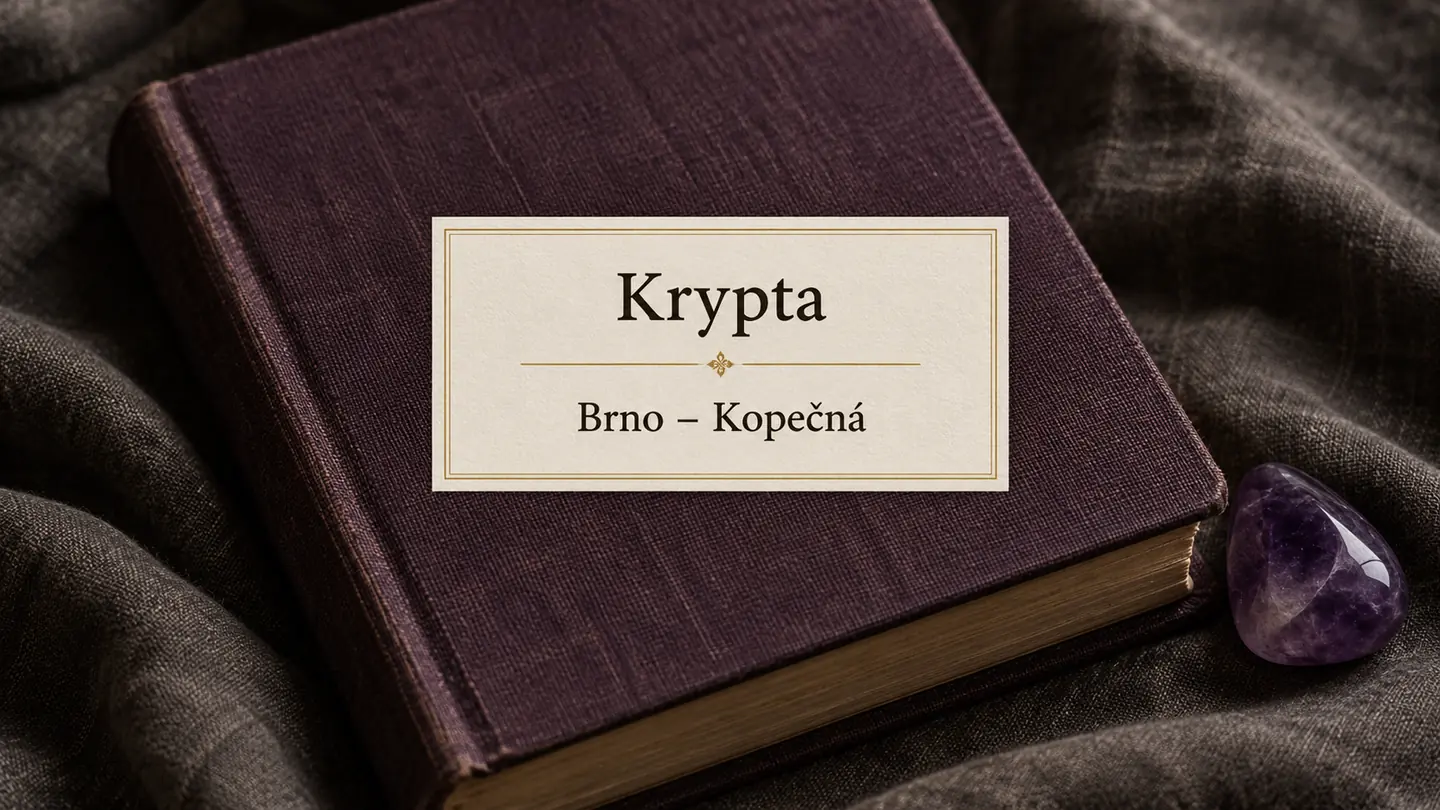 Zavřená kniha bez nápisu a fialový kámen na tmavé látce, titulek Krypta – Brno-Kopečná