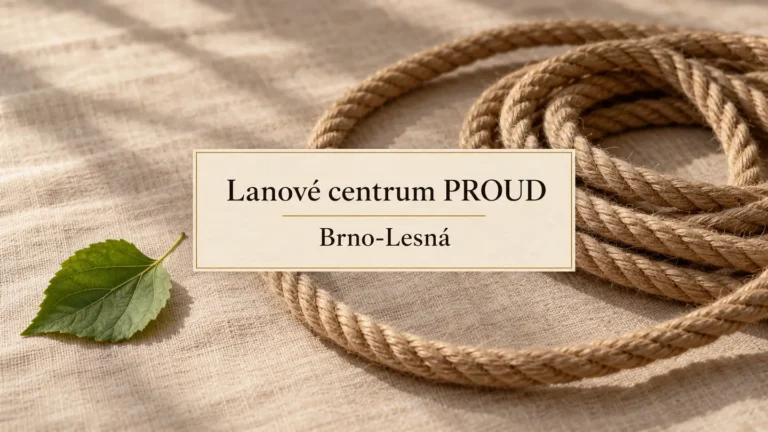 Volně stočené lano a zelený list na plátně, titulek Lanové centrum PROUD – Brno-Lesná