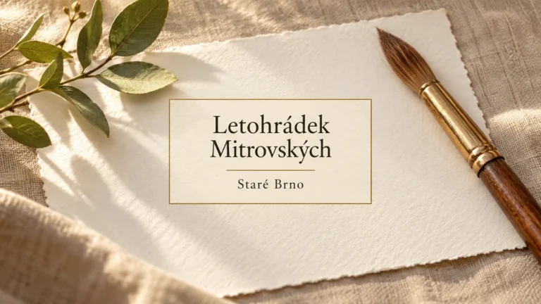 Štětec, list a čistý papír na neutrálním plátně, titulek Letohrádek Mitrovských – Staré Brno