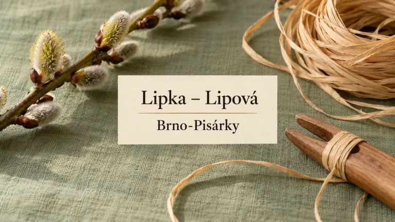 Proutěná větvička, přírodní lýko a dřevěný nástroj, titulek Lipka – Lipová – Brno-Pisárky
