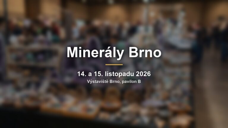Rozmazané minerály a drahé kameny s nápisem Minerály Brno a termínem