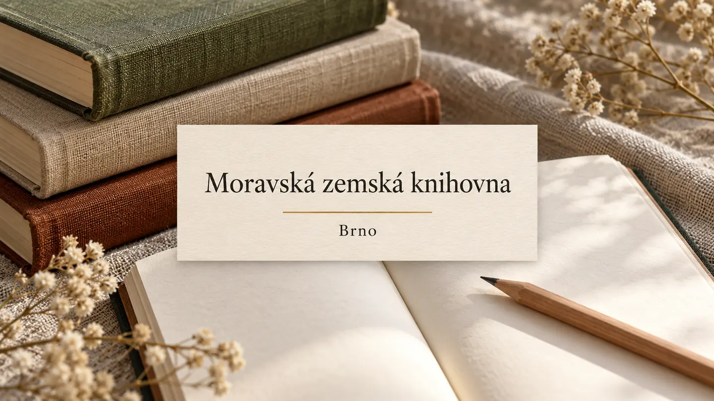 Knihy bez názvů, otevřený čistý zápisník a tužka na plátně, titulek Moravská zemská knihovna – Brno