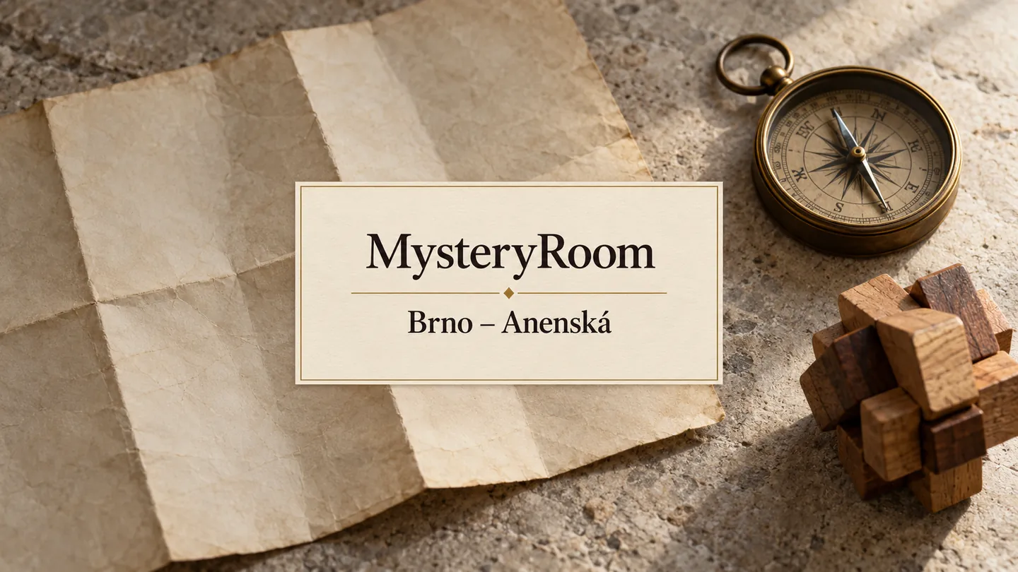 Neoznačený složený papír, kompas a dřevěný hlavolam na světlém podkladu, titulek MysteryRoom – Brno-Anenská