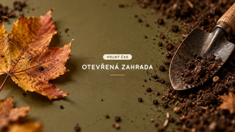 Detail podzimního listu, zeminy a malé zahradní lopatky na neutrálním podkladu