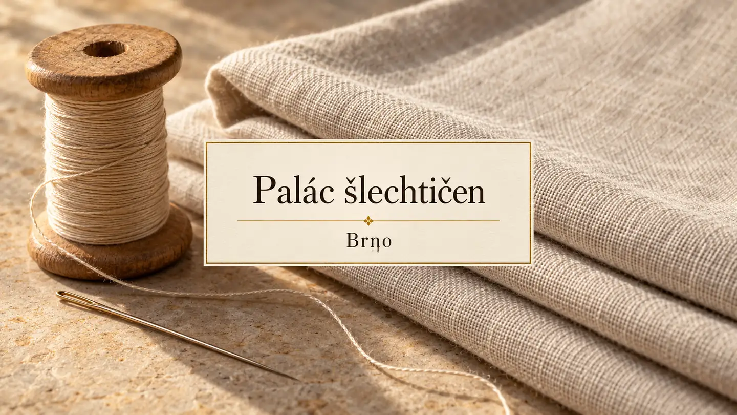 Cívka nitě a prosté lněné plátno, titulek Palác šlechtičen – Brno