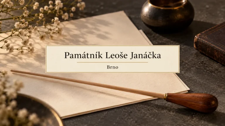 Dirigentská taktovka a čistý papír na neutrálním podkladu, titulek Památník Leoše Janáčka – Brno