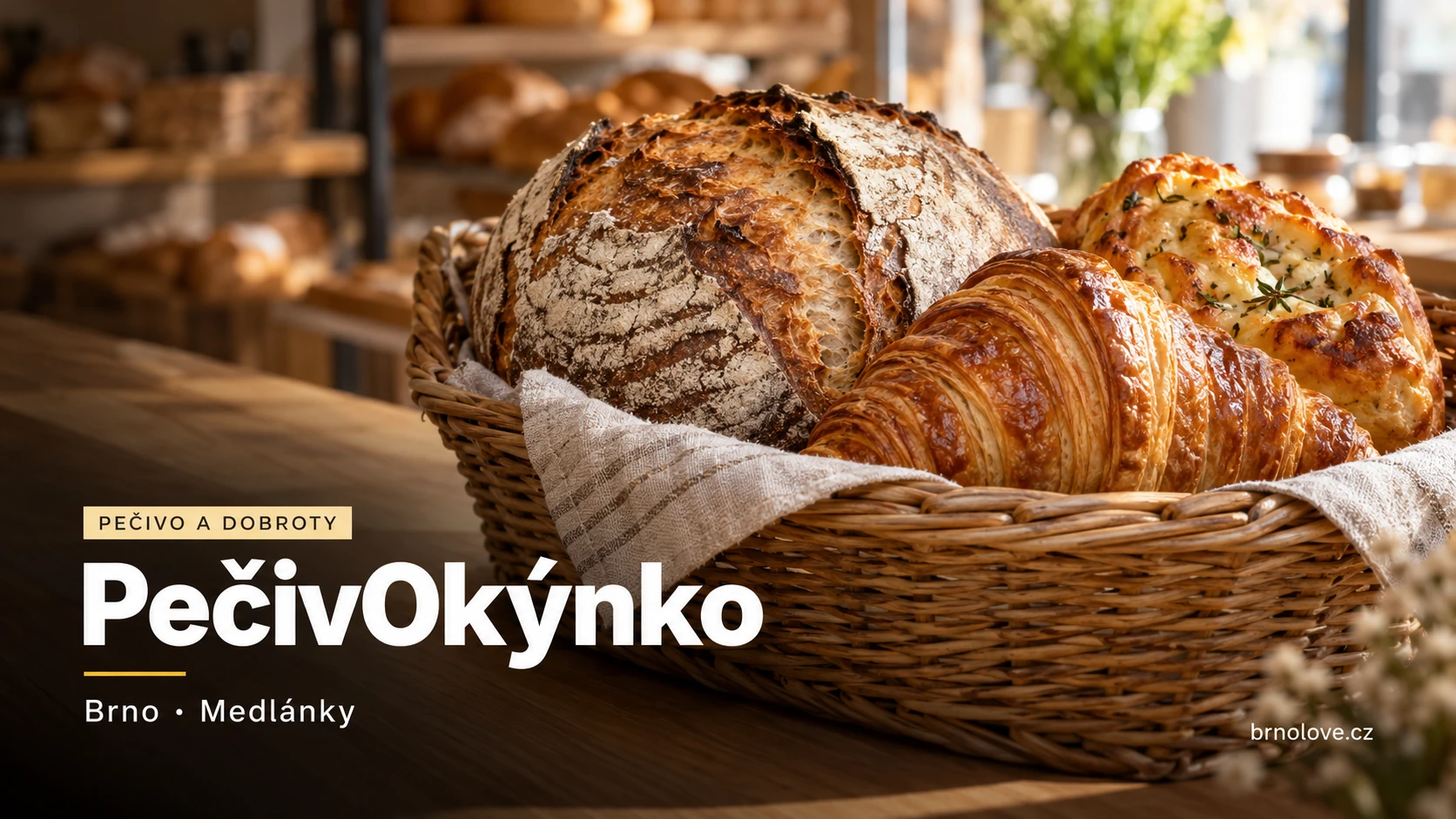 Ilustrační košík s chlebem a sladkým i slaným pečivem – PečivOkýnko, Medlánky