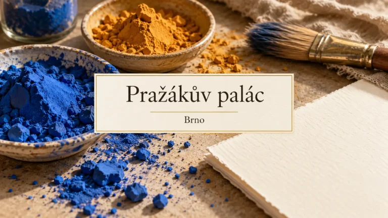 Modrý a okrový pigment se štětcem na prázdném papíře, titulek Pražákův palác – Brno