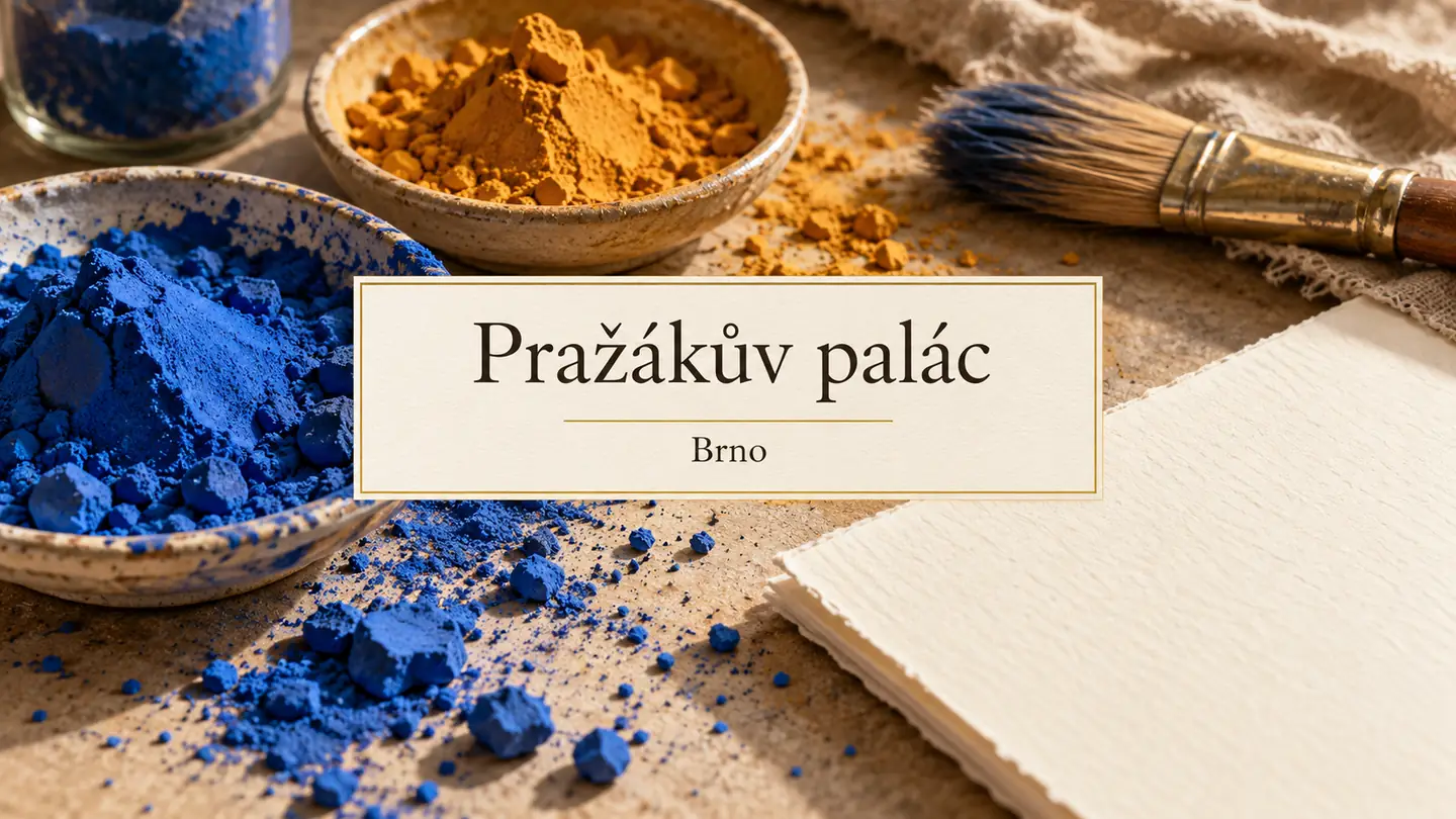 Modrý a okrový pigment se štětcem na prázdném papíře, titulek Pražákův palác – Brno