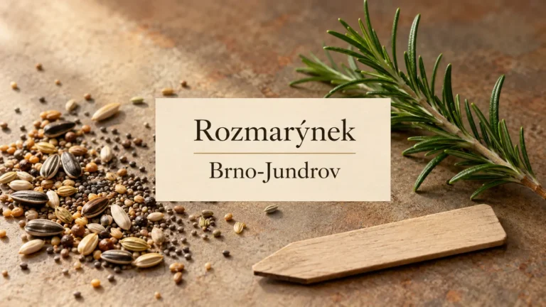 Zahradní semena, dřevěný štítek a zelená větvička, titulek Rozmarýnek – Brno-Jundrov