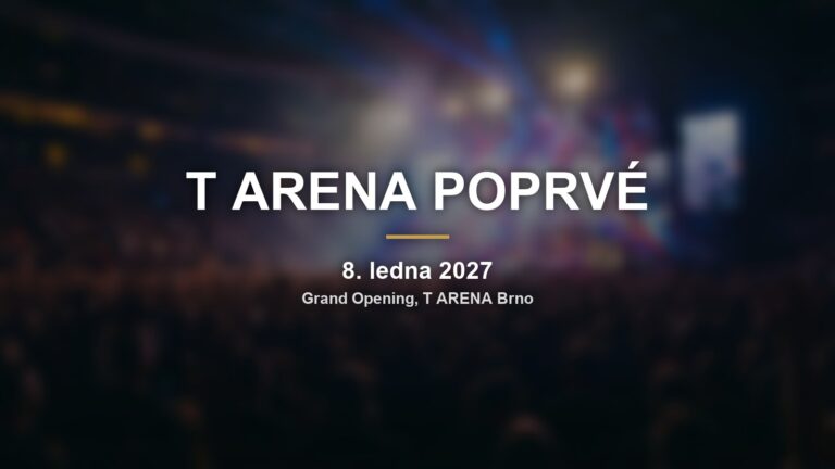 Rozmazané koncertní pódium s nápisem T ARENA POPRVÉ a datem otevření