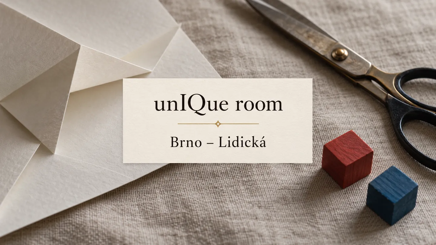 Složený papír, nůžky a barevné dřevěné kostky na plátně, titulek unIQue room – Brno-Lidická